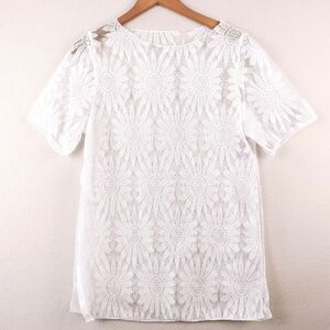 Womens White Floral Open Knit Shear Lacey Beach Coverup Top Size S BOHO Crochet